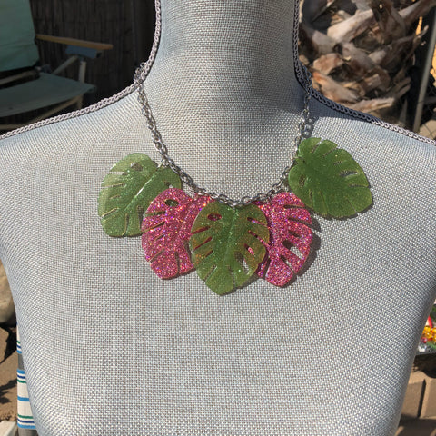 Confetti Lucite pink and green monstera leaves necklace