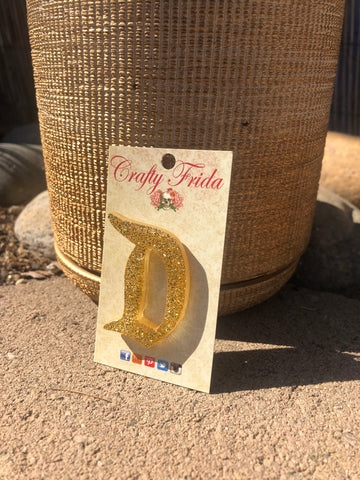 Large Gold Confetti Lucite vintage “D” letter brooch