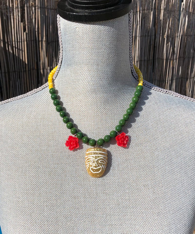 Tiki Mask Necklace with red lilies and green & yellow glass beads